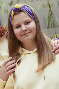 Opaska na głowę z supłem dwustronna WRZOSOWO-ŻÓŁTA